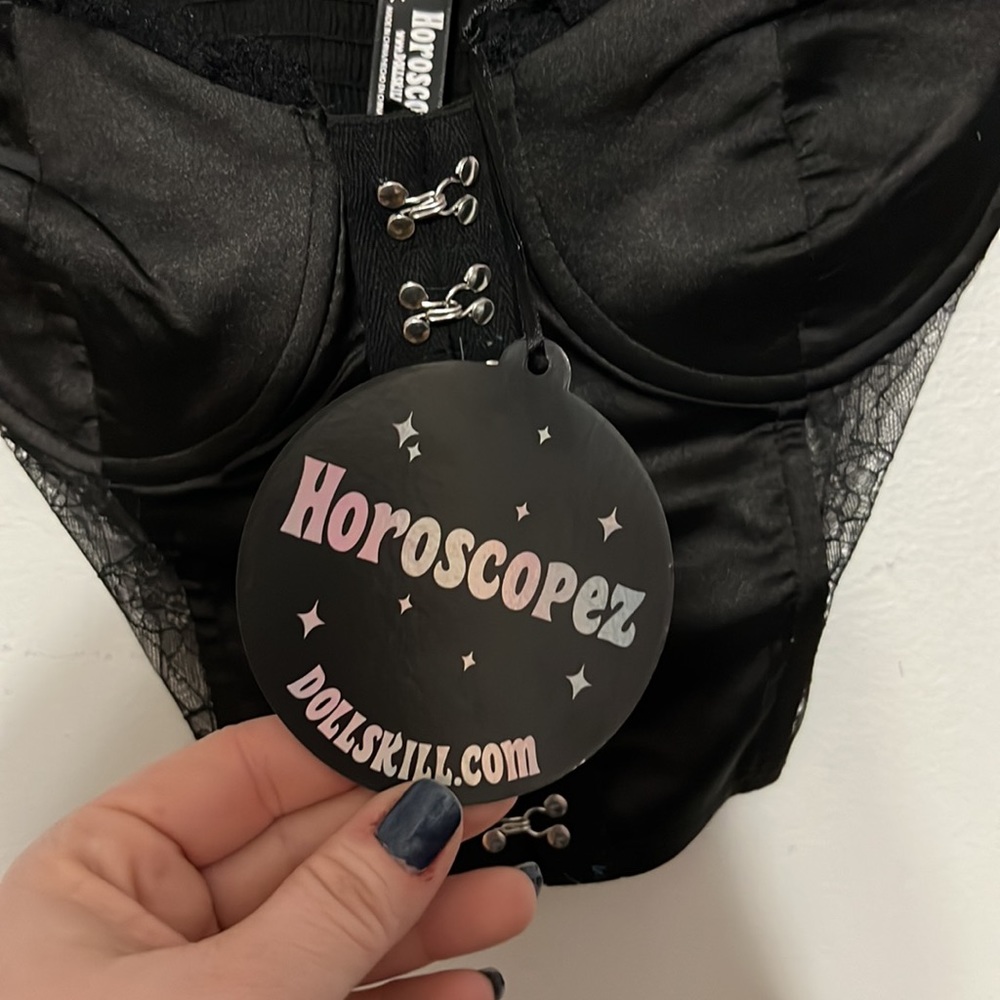 Dolls Kill Horoscopez Pass The Crystals Black Satin Corset Top - Picture 5 of 6